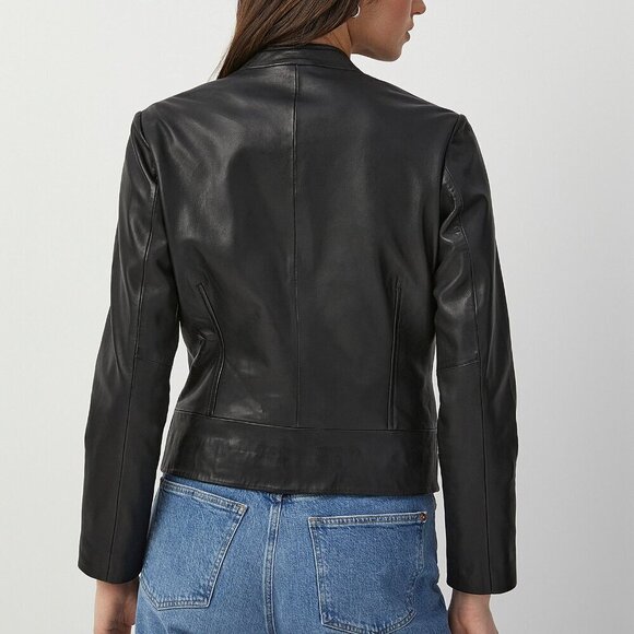 Contemporaine Simons Olive Dark green Leather Crew-neck Zip Up Jacket Size 8 - Picture 2 of 13